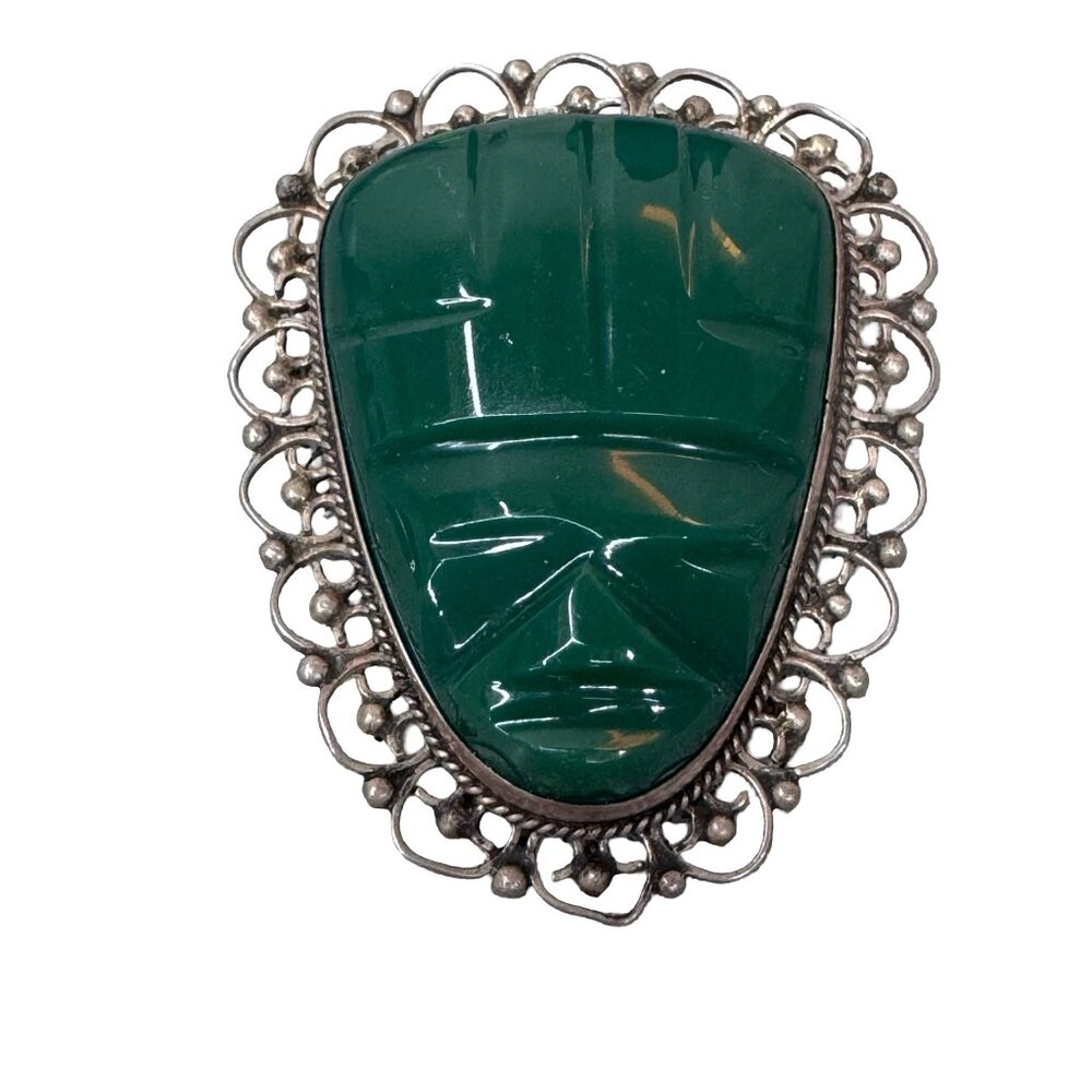Vintage Aztec Mayan Mexican Sterling Silver Brooch Green Carved Stone Face Onyx
